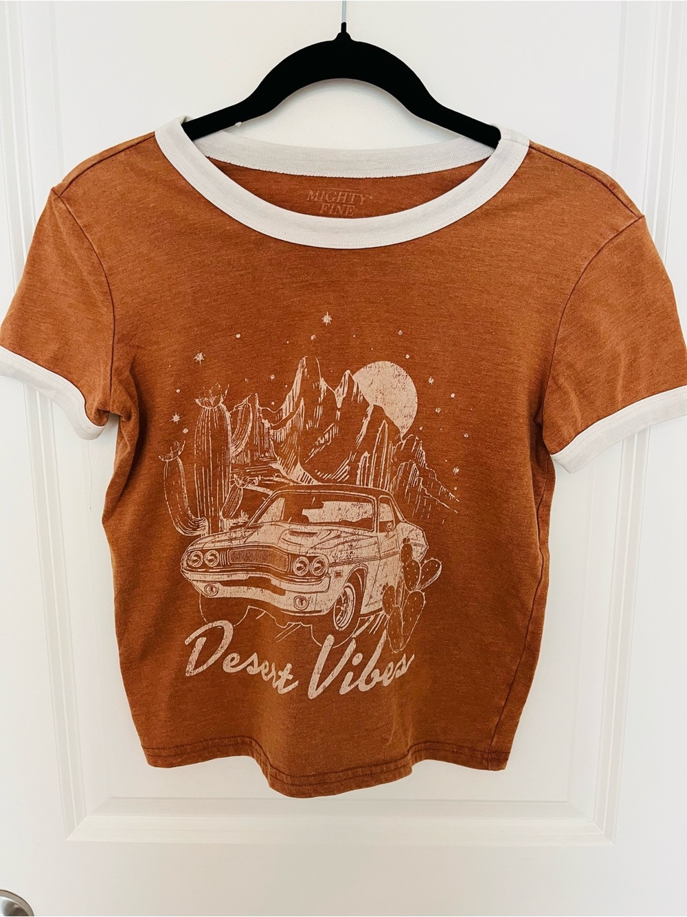 Mighty Fine Rust and White  Tee with Desert Car Graphic